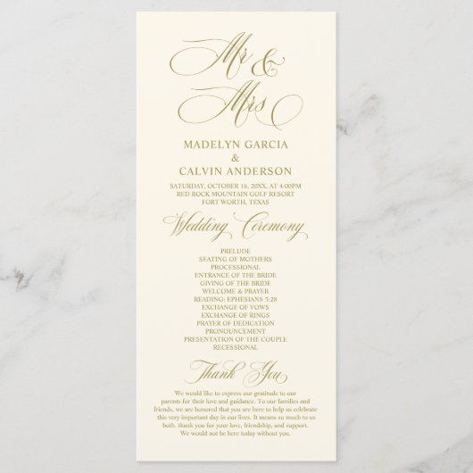 New Mr en Mrs.,  Gold, Wedding Ceremonie Pro Programmakaart (Voorkant)