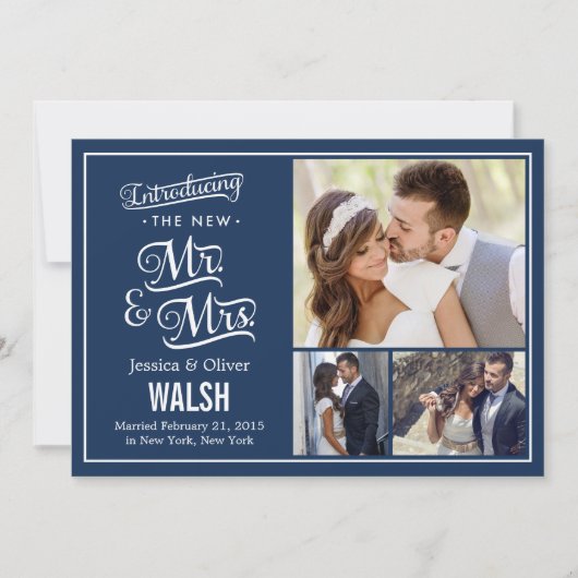 New Mr en Mrs Wedding Announcement - Navy Blue Kaart (Voorkant)