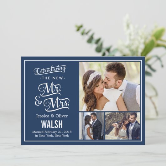 New Mr en Mrs Wedding Announcement - Navy Blue Kaart (Staand voorkant)