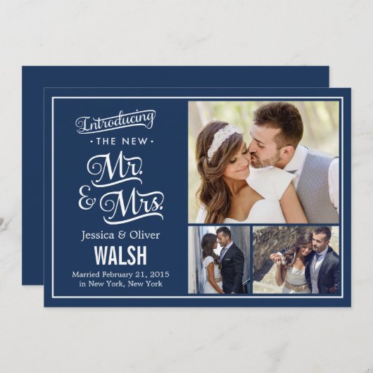 New Mr en Mrs Wedding Announcement - Navy Blue Kaart (Voorkant / Achterkant)