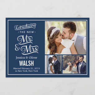 New Mr en Mrs Wedding Announcement - Navy Blue Kaart