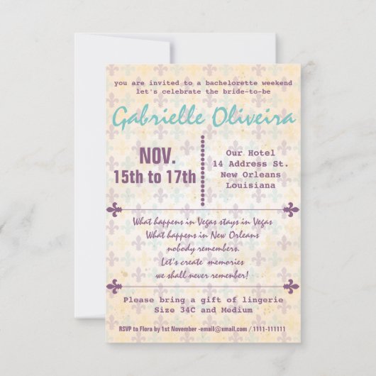 New Orleans Bachelorette Party Invitation Kaart (Achterkant)