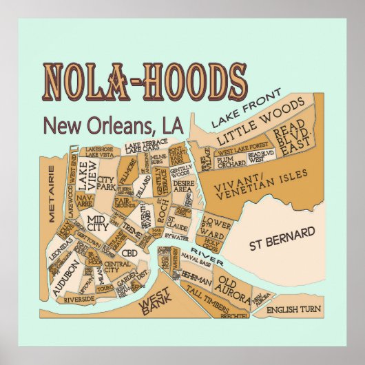 New Orleans Buurt Map, NOLA_HOODS Poster (Voorkant)