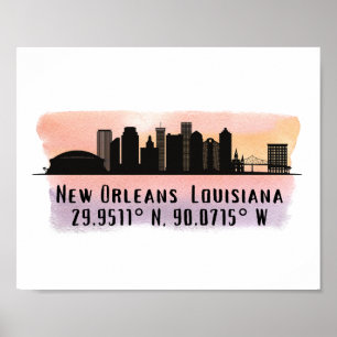 New Orleans City Skyline Latitude en Lengtegraad Poster