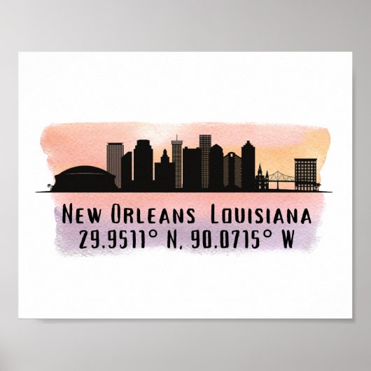 New Orleans City Skyline Latitude en Lengtegraad Poster (Voorkant)