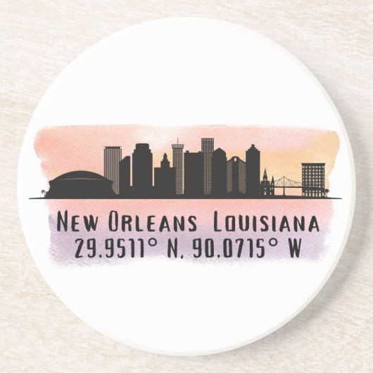 New Orleans City Skyline Latitude en Lengtegraad Zandsteen Onderzetter (Voorkant)