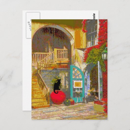 New Orleans Courtyard Black Cat Briefkaart (Voorkant / Achterkant)
