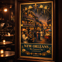 New Orleans Jazz Night Vintage Reisposter Print