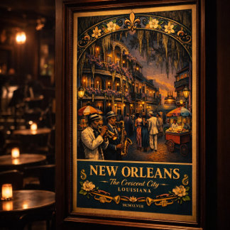 New Orleans Jazz Night Vintage Reisposter Print