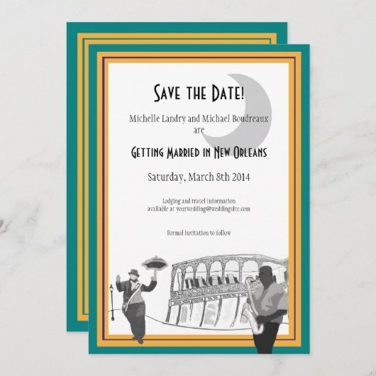 New Orleans Jazz Save the Date (turkoois & goud) Kaart (Voorkant / Achterkant)