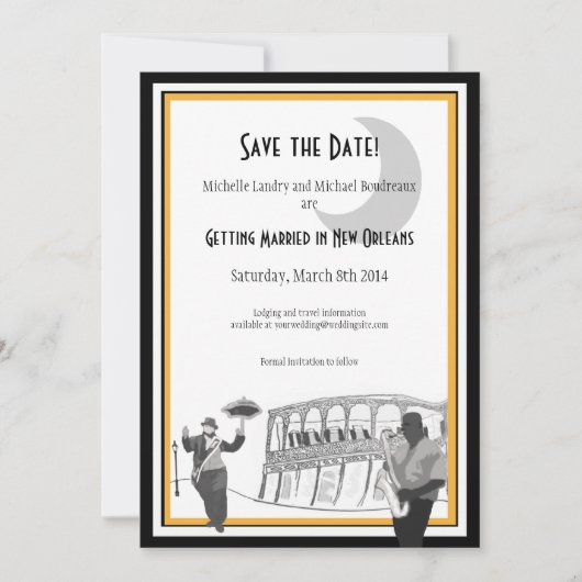 New Orleans Jazz Save the Date (zwart en goud) (Voorkant)