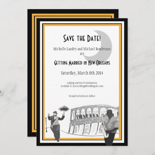 New Orleans Jazz Save the Date (zwart en goud) (Voorkant / Achterkant)