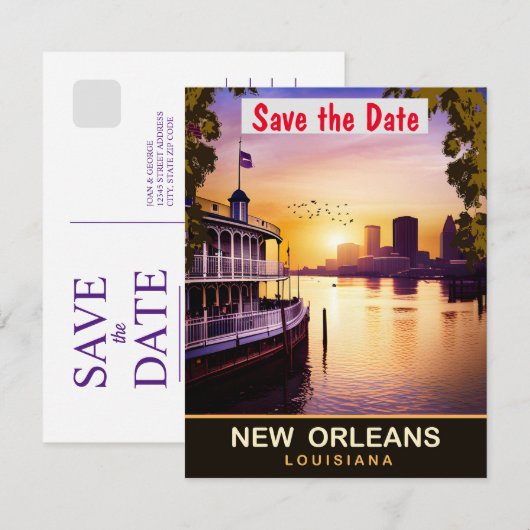 New Orleans, Louisiana, Reizen Briefkaart, Save The Date (Voorkant / Achterkant)