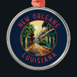 New Orleans Louisiana Retro Noodlijdende Cirkel Metalen Ornament<br><div class="desc">New Orleans retro vector reisontwerp. De bijnaam is "Big Easy" en staat bekend om zijn nachtleven,  levendige live-muziekscene en pittige,  unieke keuken die de geschiedenis weerspiegelt als smeltkroes van Franse,  Afrikaanse en Amerikaanse culturen.</div>