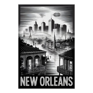 New Orleans Louisiana Silhouette Zwart Wit Houtsne Perfect Poster