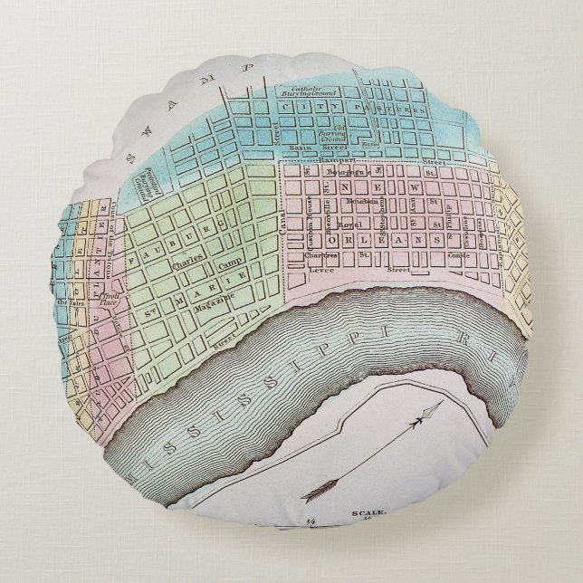 New Orleans Map, 1837 Rond Kussen (Voorkant)