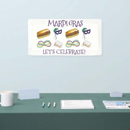 New Orleans Mardi Gras Beignet beheert Masker PoBo Spandoek (Beurs)