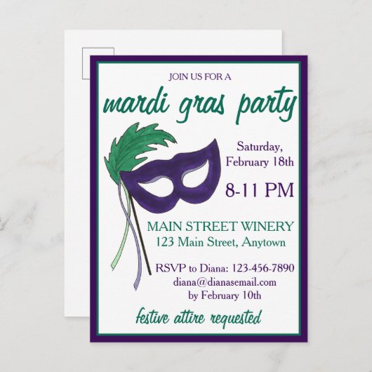New Orleans Mardi Gras Masquerade Mask Ball Party Uitnodiging Briefkaart (Voorkant / Achterkant)