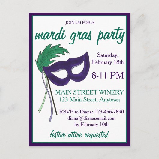 New Orleans Mardi Gras Masquerade Mask Ball Party Uitnodiging Briefkaart (Voorkant)