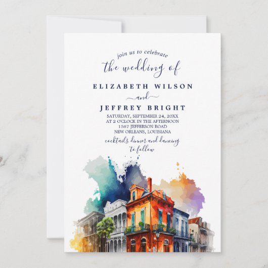 New Orleans Nola Louisiana Waterverf bruiloft Kaart (Voorkant)