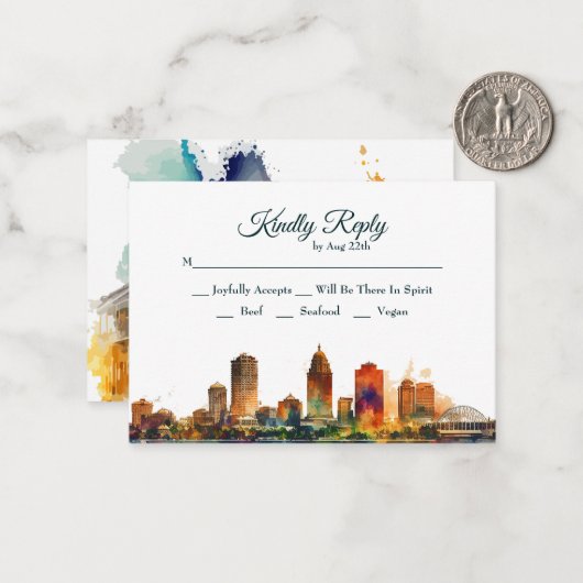 New Orleans Nola Louisiana - Waterverf RSVP Notitiekaartje (Voorkant / Achterkant in situ)