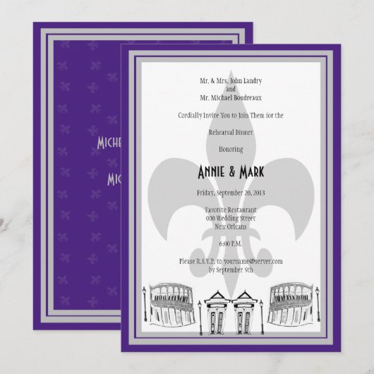 New Orleans Rehearsal Dinner Invite paarse Silver Kaart (Voorkant / Achterkant)