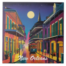 New Orleans Straat & Straattram bij Nacht