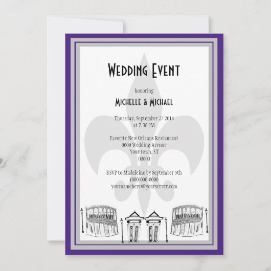 New Orleans Wedding Event Invite (paars/zilver) Kaart (Voorkant)
