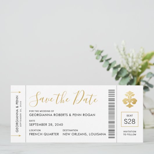 New Orleans Wedding Fleur De Lis Boarding Pass Save The Date (Staand voorkant)