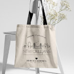 New Orleans Wedding | Stijlvolle Skyline Tote Bag<br><div class="desc">Een unieke bruiloft canvas tas voor een bruiloft in de stad New Orleans. Dit tas bevat een gestileerde illustratie van de unieke skyline van de stad met de naam eronder. Dit wordt gevolgd door je trouwdaggegevens in een overeenkomende open stijl.</div>