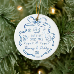 New Parents First Christmas Whimsical Blue Doodles Keramisch Ornament