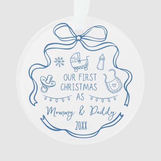 New Parents First Christmas Whimsical Blue Doodles Ornament (voorkant)