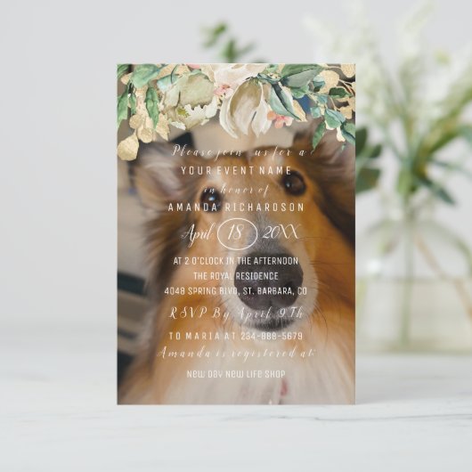 New Pet Dog Photo Flowers Brunch Spark Gold Kaart (Staand voorkant)