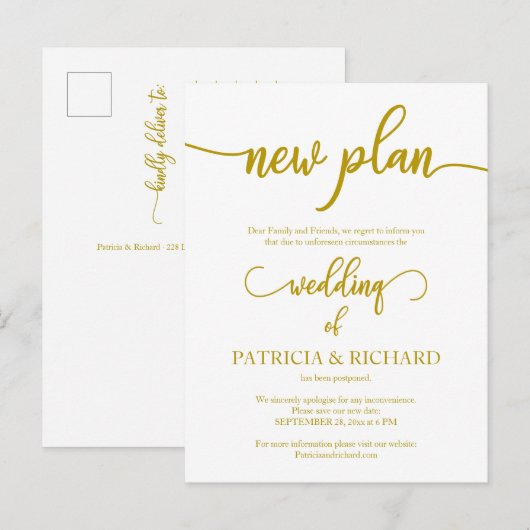 New Plan Postponed Wedding Announding Gold Briefkaart (Voorkant / Achterkant)