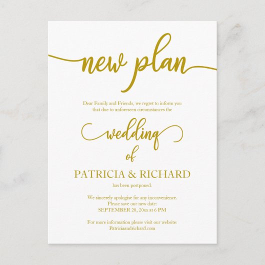 New Plan Postponed Wedding Announding Gold Briefkaart (Voorkant)