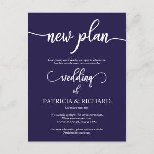 New Plan Postponed Wedding Announding Navy Blue Briefkaart