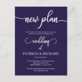 New Plan Postponed Wedding Announding Navy Blue Briefkaart (Voorkant)