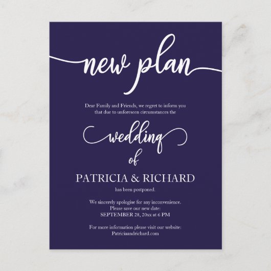 New Plan Postponed Wedding Announding Navy Blue Briefkaart (Voorkant)