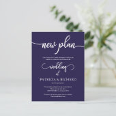 New Plan Postponed Wedding Announding Navy Blue Briefkaart (Staand voorkant)
