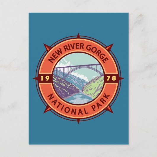 New River Gorge National Park Retro Compass Emblem Briefkaart (Voorkant)