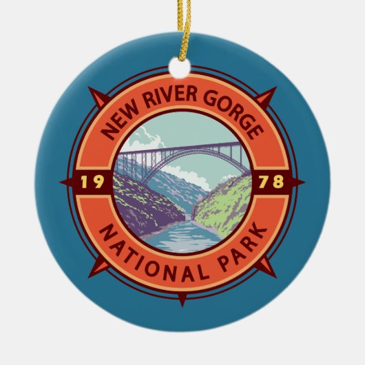 New River Gorge National Park Retro Compass Emblem Keramisch Ornament (Voorkant)