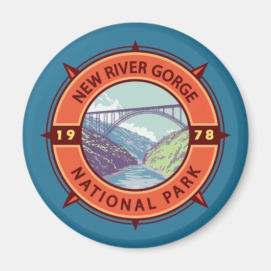 New River Gorge National Park Retro Compass Emblem Magneet (Voorkant)