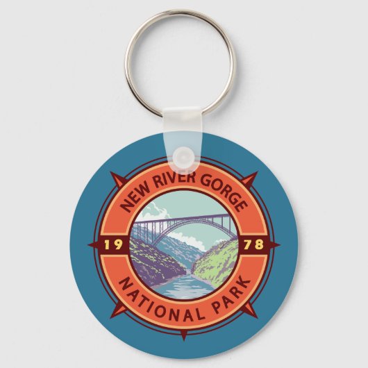 New River Gorge National Park Retro Compass Emblem Sleutelhanger (Voorkant)