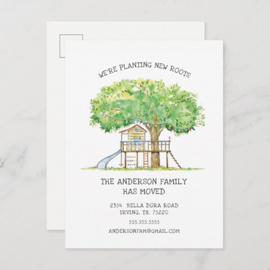 New Roots Treehouse Moving Aankondiging Post Kaart (Voorkant / Achterkant)