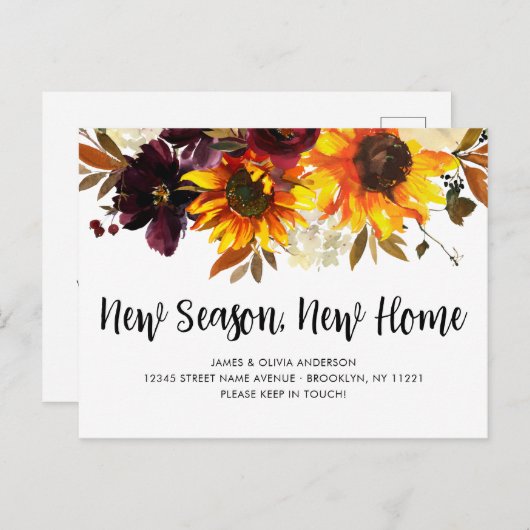 New Season New Home Herfst Autumn Sunflower Moving Aankondigingskaart (Voorkant / Achterkant)
