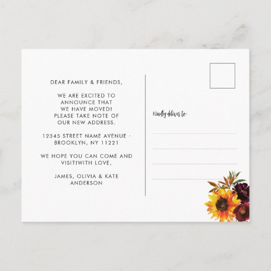 New Season New Home Herfst Autumn Sunflower Moving Aankondigingskaart (Achterkant)