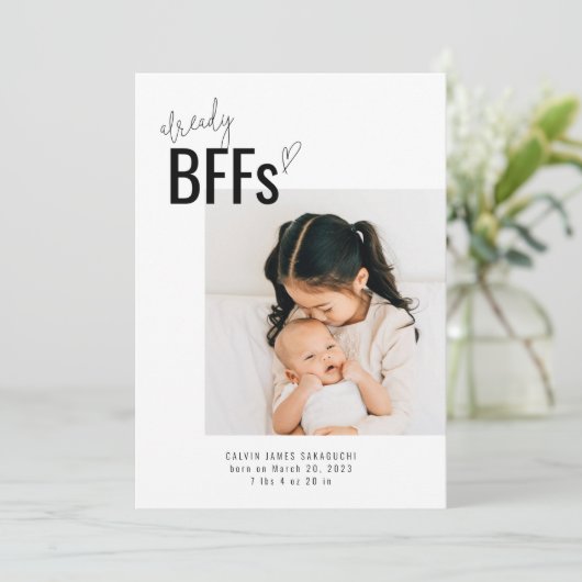 New Sibling Birth Announcement Card | BFF Aankondiging (Staand voorkant)