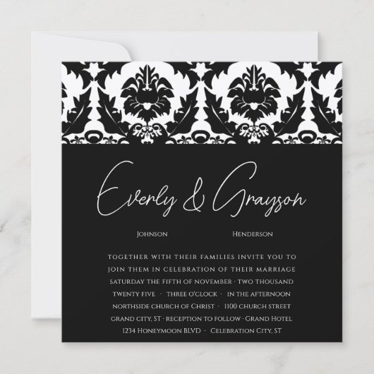 New Sizes Black Damask Swirls Wedding Invitation Kaart (Voorkant)