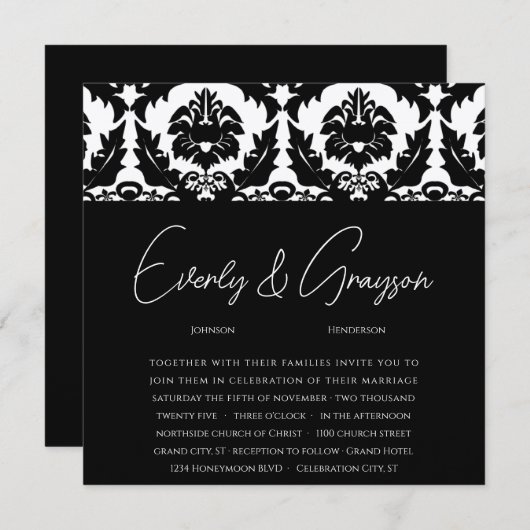 New Sizes Black Damask Swirls Wedding Invitation Kaart (Voorkant / Achterkant)