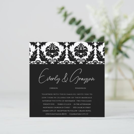 New Sizes Black Damask Swirls Wedding Invitation Kaart (Staand voorkant)